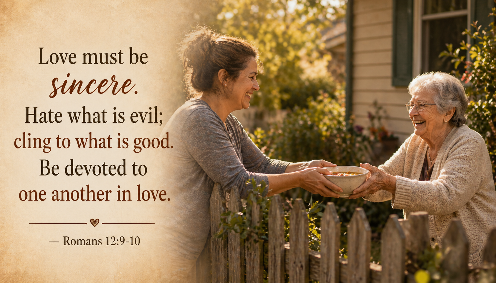 Romans 12:9-10 verse image showing women sharing food over a garden fence in warm afternoon light